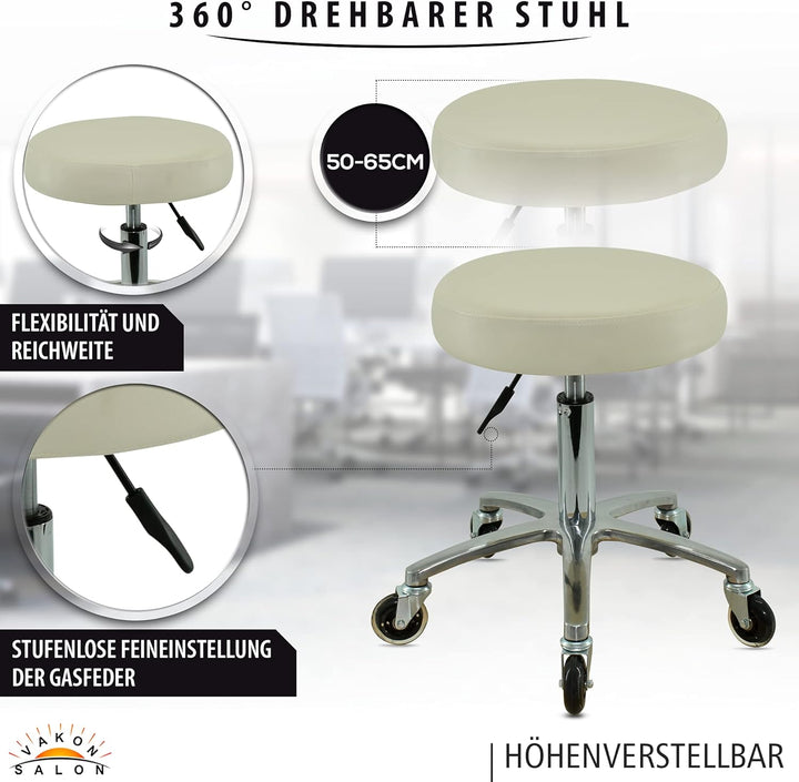 Premium Rollhocker weiss höhenverstellbar von 50 bis 65 cm - Rundsitz- Drehhocker Arbeitshocker Prax