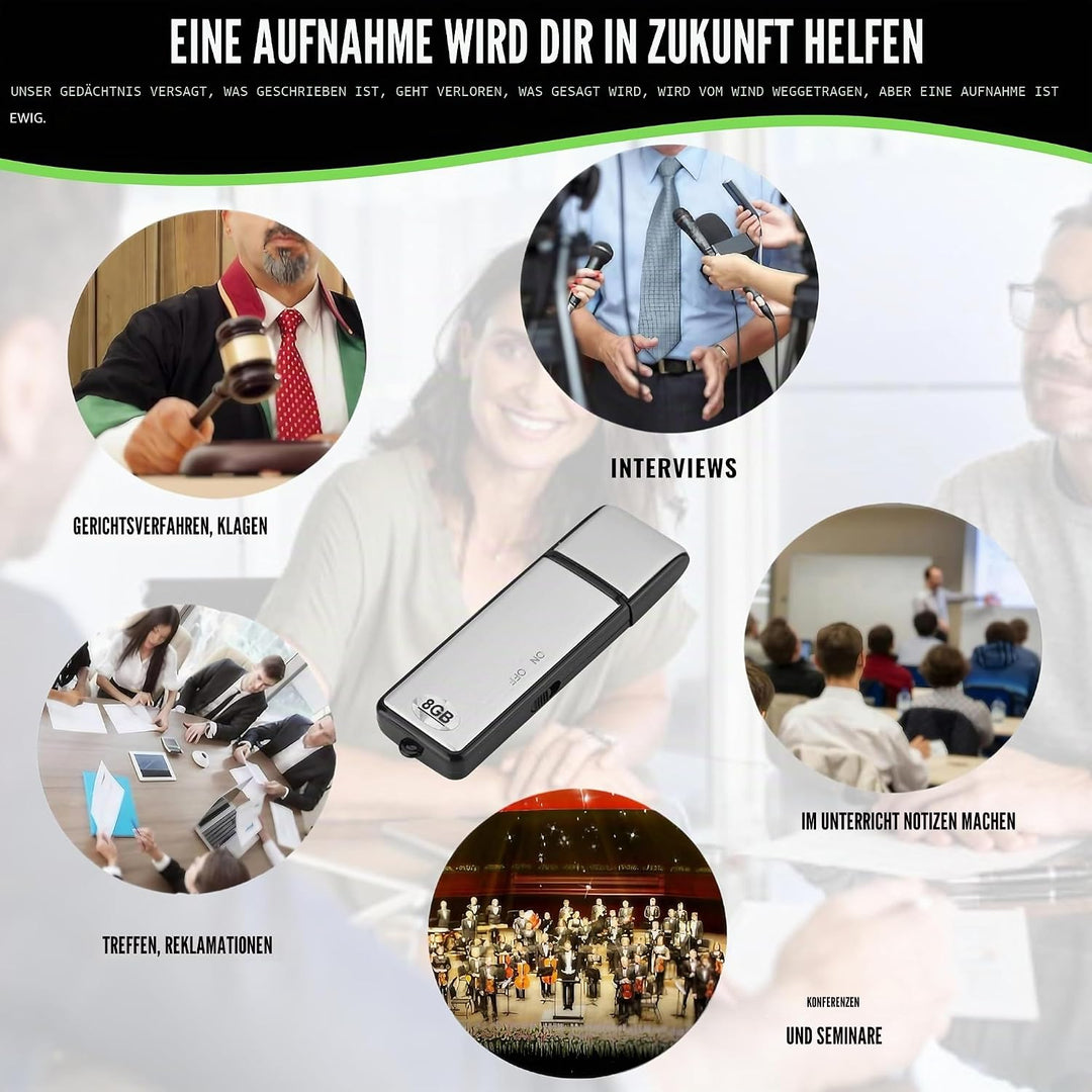 Digitales Diktiergerät, USB, Mini-Sprachaufnahme, Spion, 8 GB, für Meetings, Interviews, Konferenzen