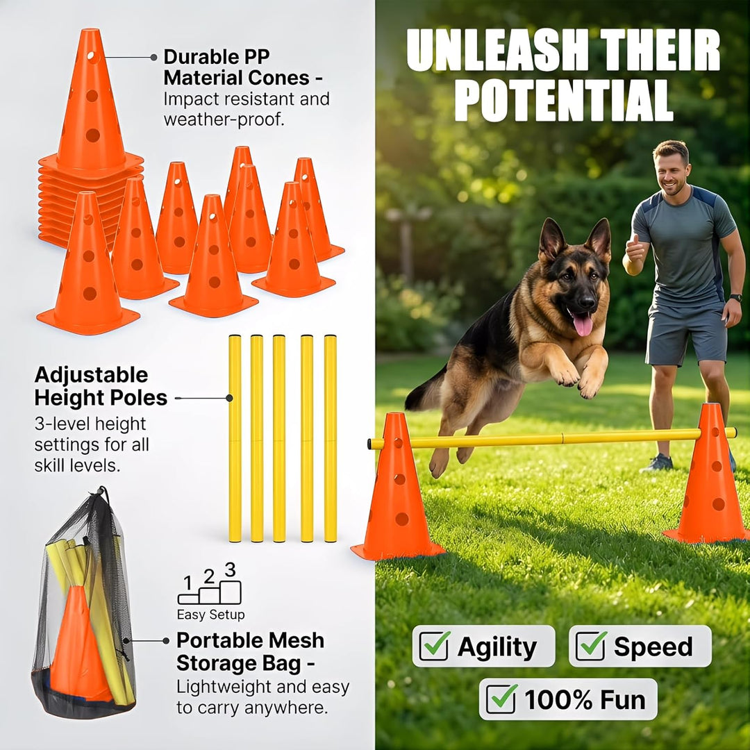 Sports Steckhürdenset, 10 Kegel + 5 Stangen Agility Hürden Steckhürdenset, Kinder Agility Hürden Hin