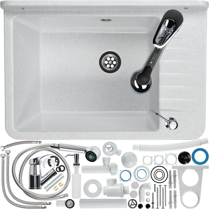 GOSPO Ausgussbecken aus Polypropylen, 50,5 x 34 x 26,5 cm, Spülbecken mit Armatur, Siphon, Seifenspe