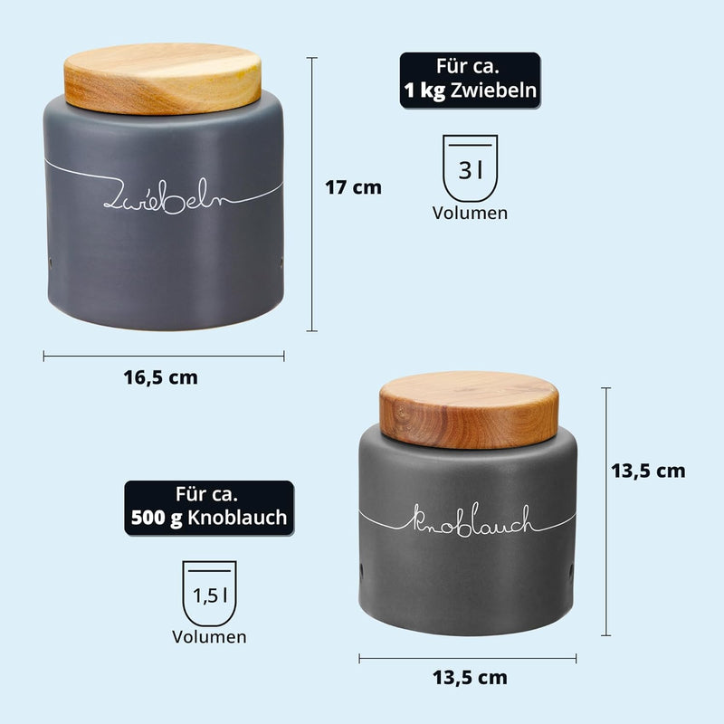 KHG Zwiebel Knoblauch Aufbewahrung, Keramik Steingut poliert, Anthrazit Grau Holz Deckel Bambus, mit