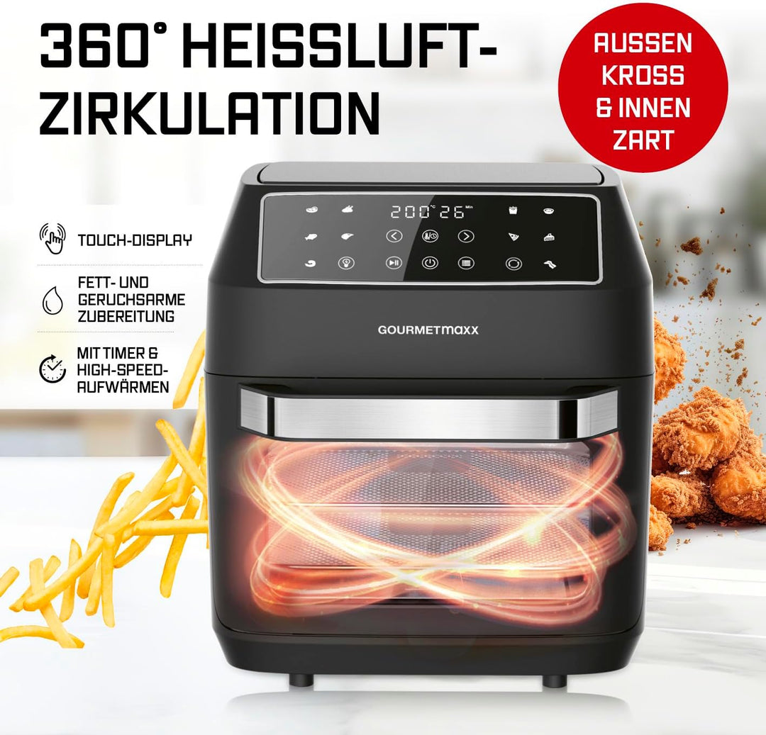 GOURMETmaxx Heissluftfritteuse 12 L Airfryer | Fritteuse mit 9 Funktionen, Touchdisplay, Dreh- & Sch