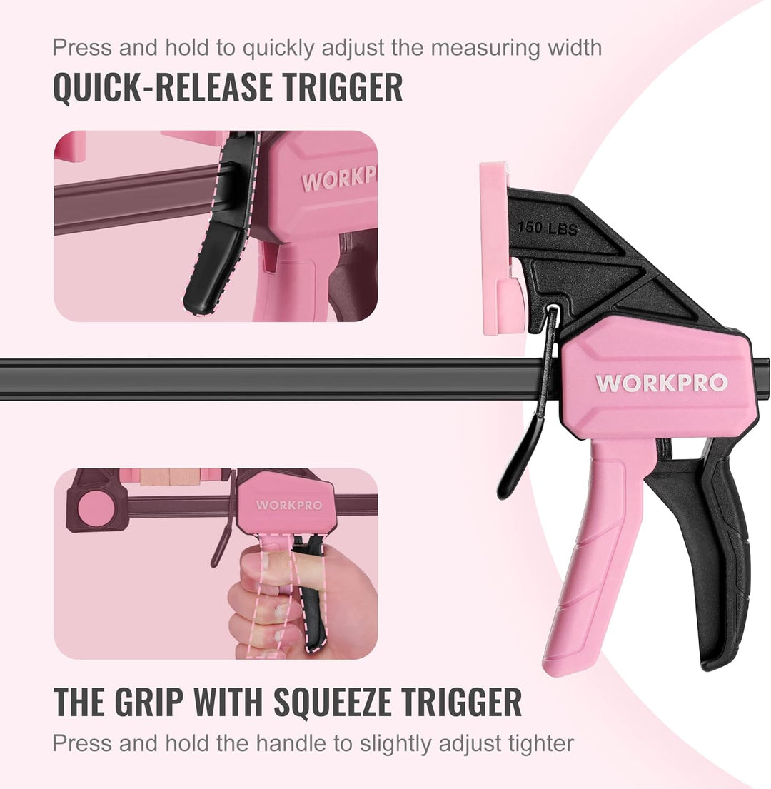 WORKPRO Einhandzwingen Set Rosa 2 Stück Schraubzwingen Spanner, Spannweite 300 mm, Dehnbereich bis z