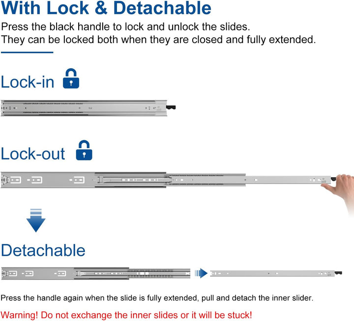VADANIA Schubladenschienen mit Schloss 300mm, 68kg Tragfähigkeit Schwerlast Vollauszug-Kugellager Se