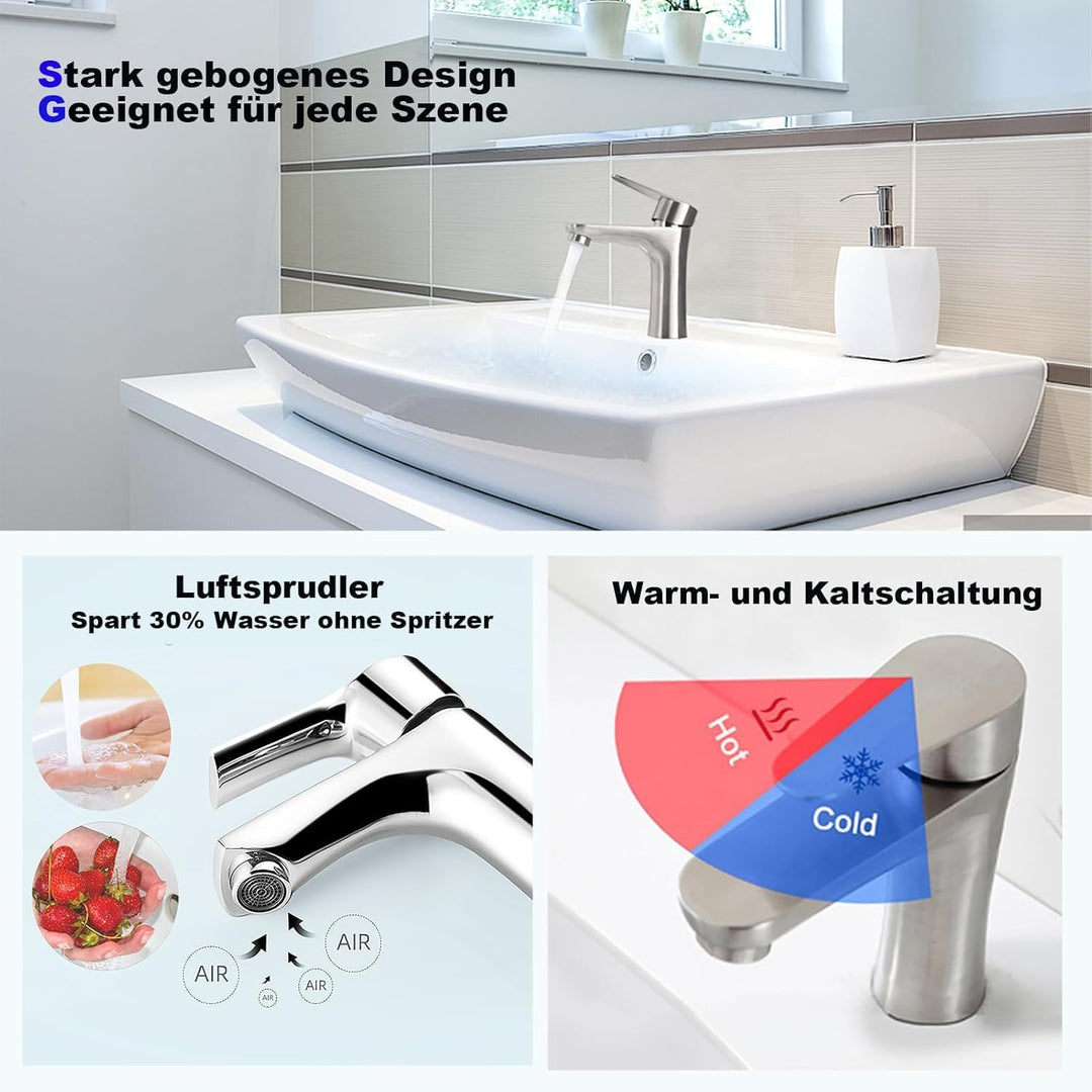 Edelstahl-Badarmatur warm und kalt mit leiser Keramikkartusche, Einhebelmischer, wassersparender Mis