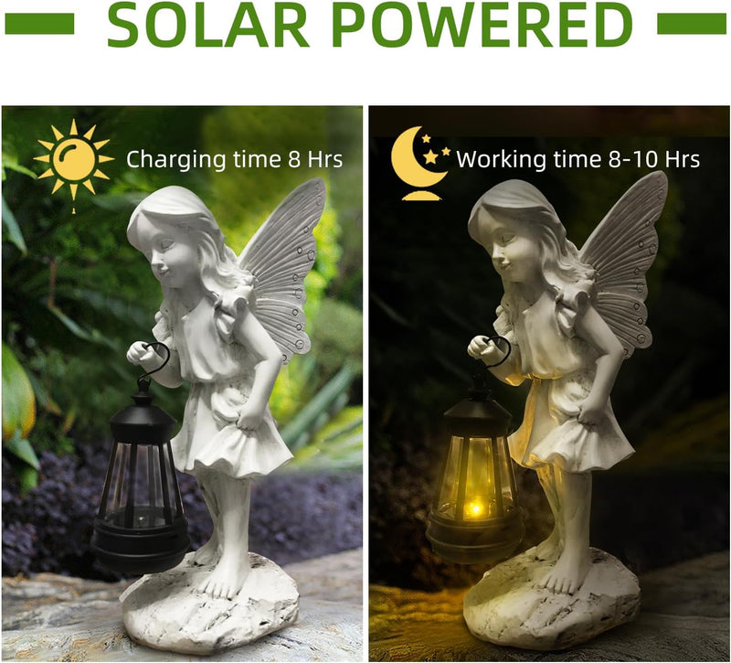 YIKEDAN Fee mit Solar Laterne Gartenfiguren für Aussen Deko, Harz Elfen Gartendeko für Draussen mit