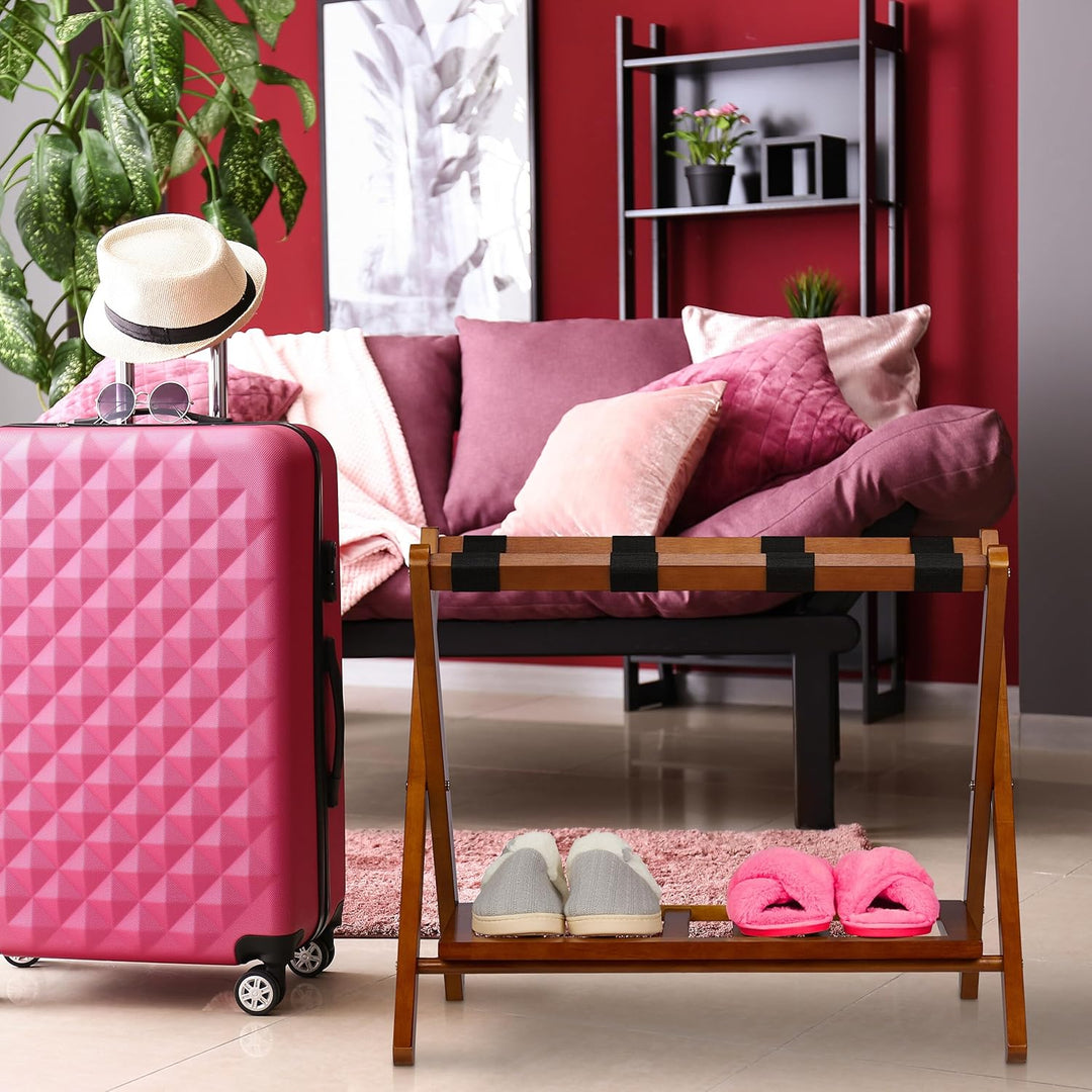 Relaxdays Kofferständer klappbar, 2er Set, Holz, H x B x T: 54 x 66 x 45 cm, 2 Ablagen, Kofferaufbew