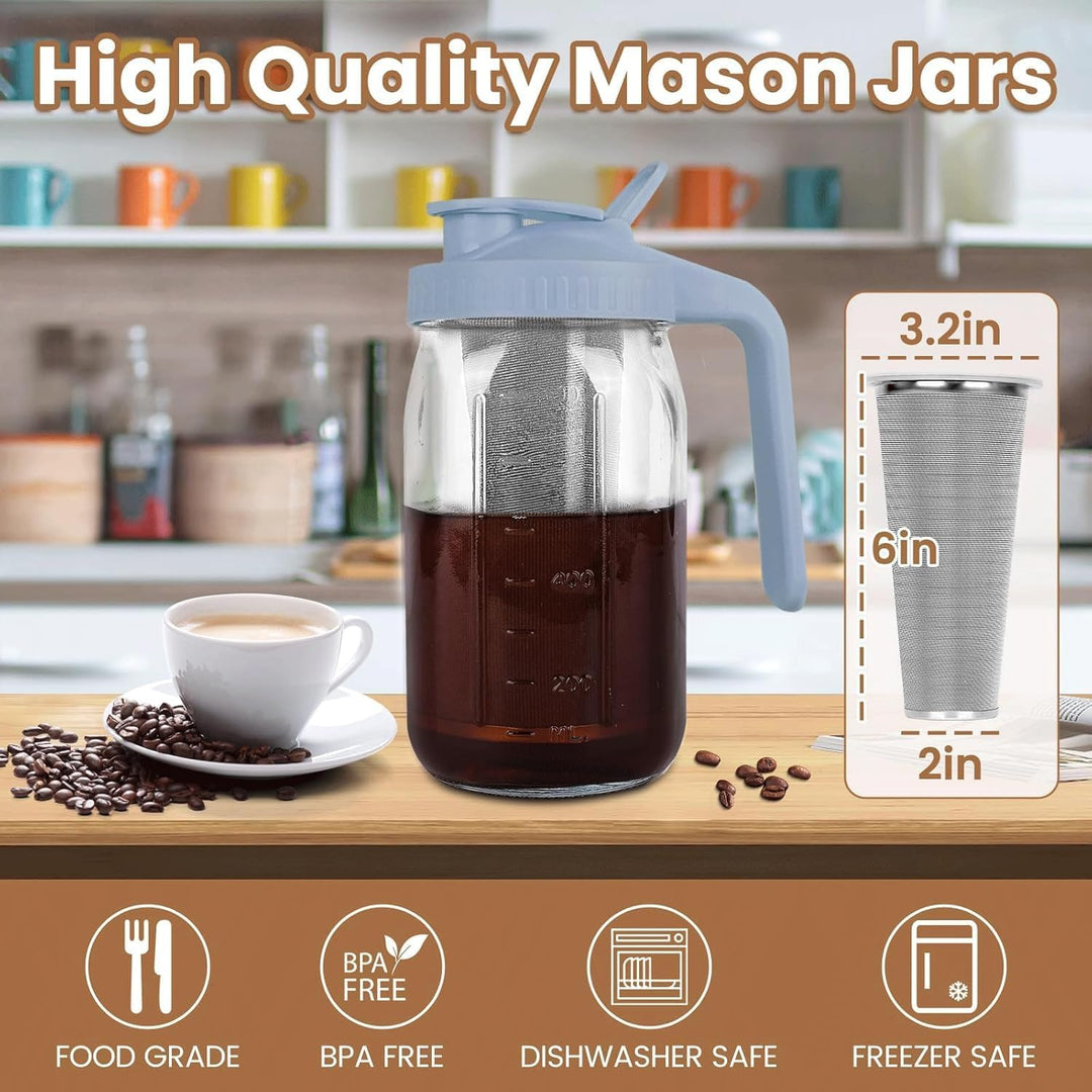 Cold Brew Kaffeebereiter, 1.8L Cold Brew Coffee Maker, Deckel mit Griff und Edelstahlfilter, Kaffeeb