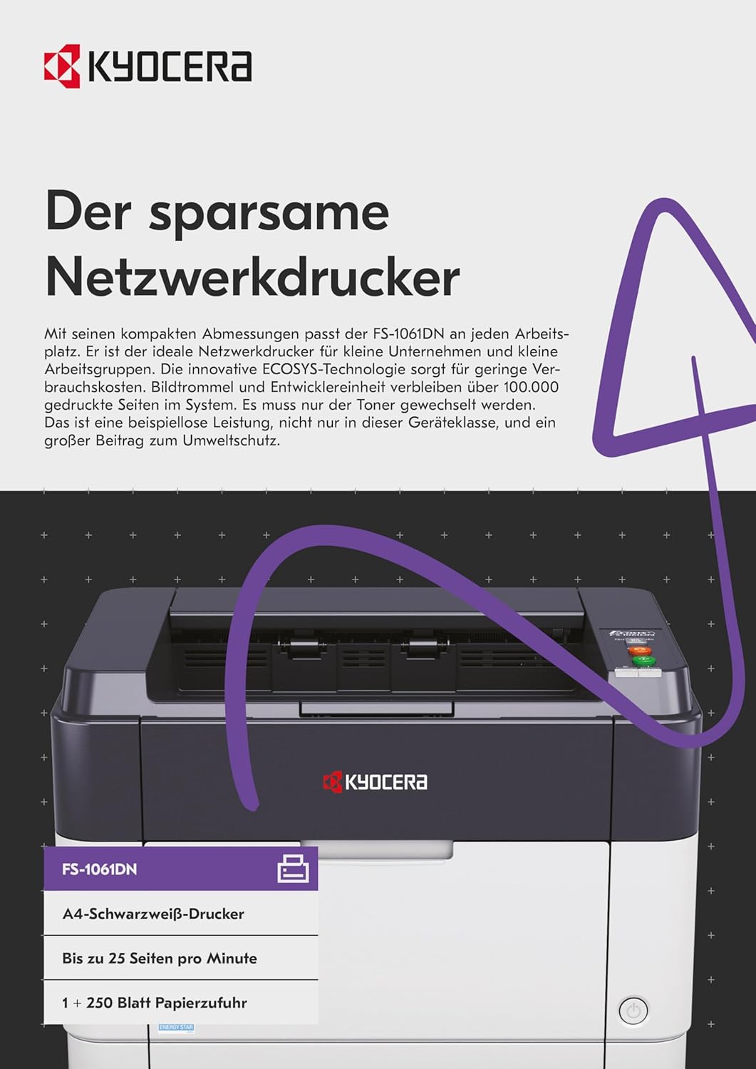 Kyocera Klimaschutz-System Ecosys FS-1061DN Monochrome-Laserdrucker. 25 Seiten A4 pro Minute. Schwar