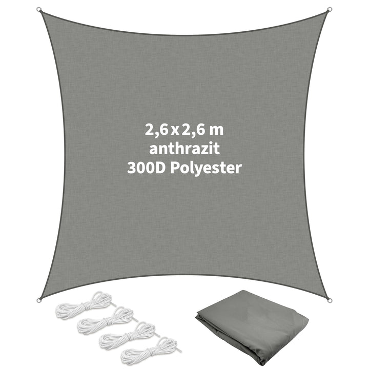 TTL Garden 2,6x2,6m Sonnensegel Quadrat anthrazit - Premium Polyester 300D 160g/m² 93% Abschattung -