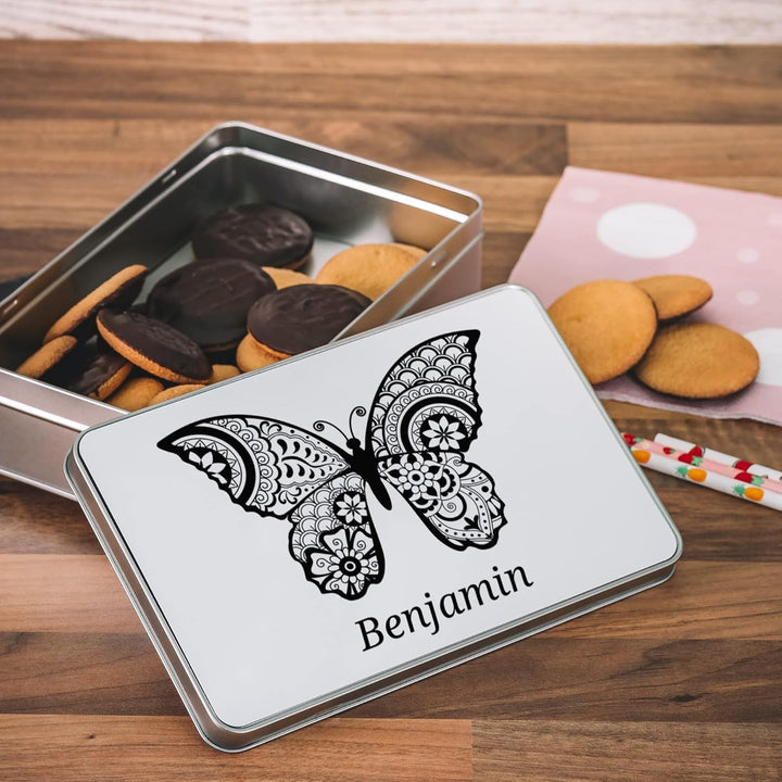 gravur-farbik.de – personalisierbare eckige Dose mit Name oder Wunschtext – Zentangle Schmetterling