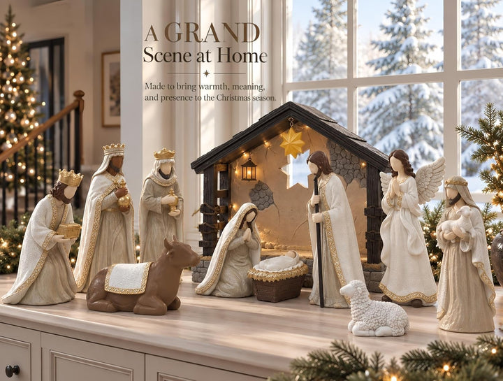 Decostatue Weihnachtskrippen-Set mit Stall, 13-teilig, Innenbereich Beige Krippenfiguren Set（13pcs）,