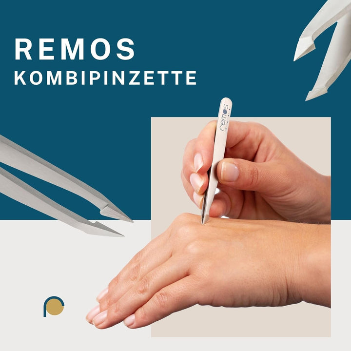 REMOS Pinzetten Set 3-teilig mit Augenbrauen-, Splitter-& Kombipinzette in Satin