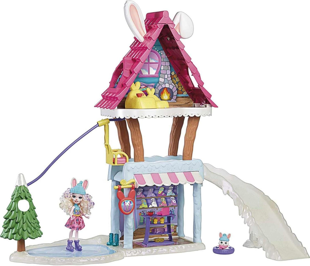 Enchantimals GJX50 - Hasen-Skihütte (ca. 63 cm) mit Bevy Bunny (ca. 15 cm), Tierfigur Jump, 5 Spielb