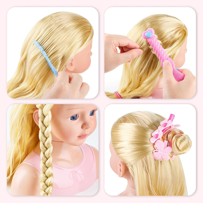 deAO Schminkkopf Puppe Frisierkopf für Kinder, 23cm Stylingkopf Langen Blonden Haaren mit Schminke u