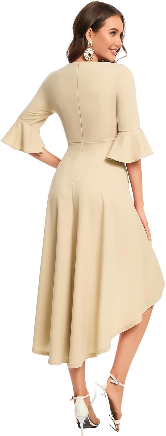 Gardenwed Festliches Kleid Damen 3/4 arm Flare Bell Sleeve Rundhals Kleider High-Low Cocktailkleider