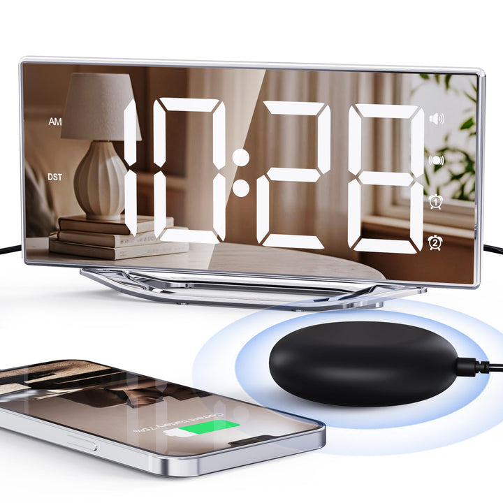 Mesqool Spiegel Digital Wecker mit Vibration, Wecker Laut für Tiefschläfer, Grosses LED-Display mit