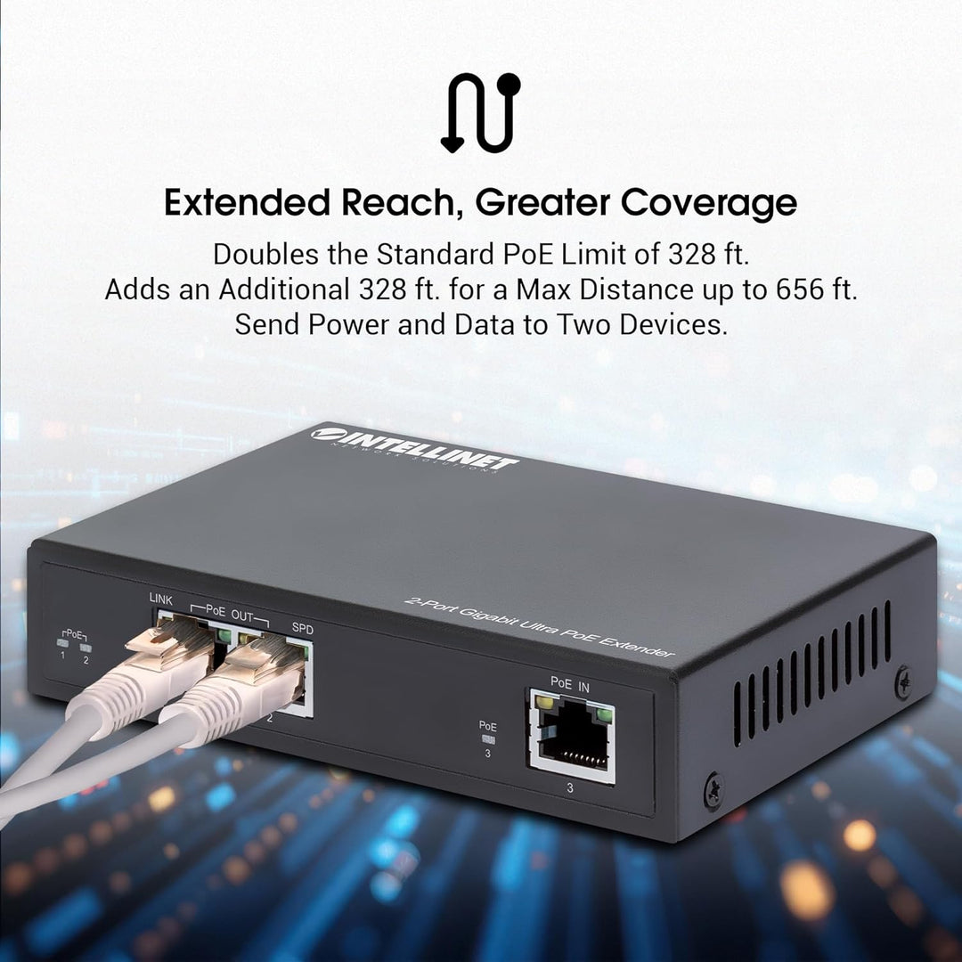 INTELLINET 2-Port Gigabit Ultra PoE-Extender 60W um 100m, Schwarz
