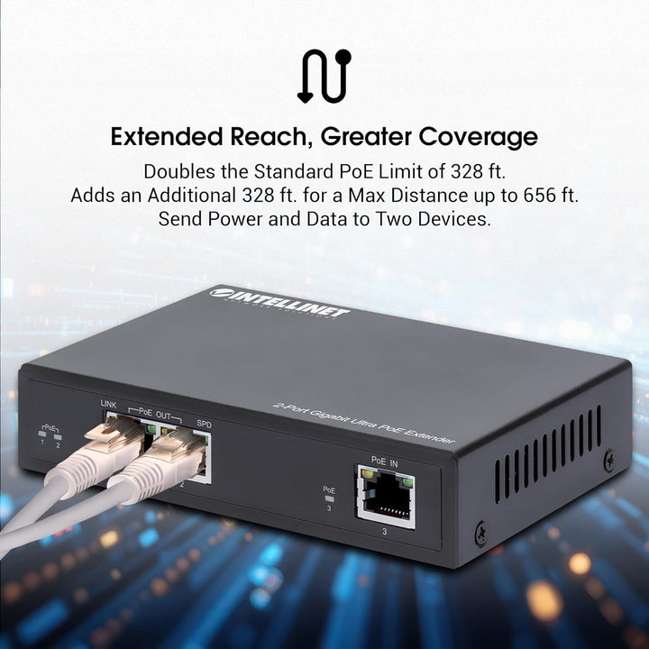 INTELLINET 2-Port Gigabit Ultra PoE-Extender 60W um 100m, Schwarz