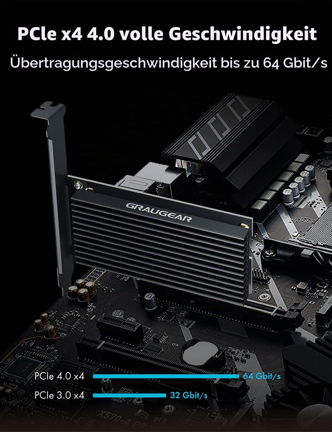 GRAUGEAR M.2 PCIe 4.0 Adapter-Karte für NVMe SSD, M-Key, grosser Aluminium-Kühlkörper, Unterstützt 2