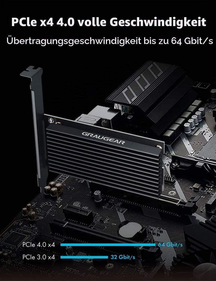 GRAUGEAR M.2 PCIe 4.0 Adapter-Karte für NVMe SSD, M-Key, grosser Aluminium-Kühlkörper, Unterstützt 2