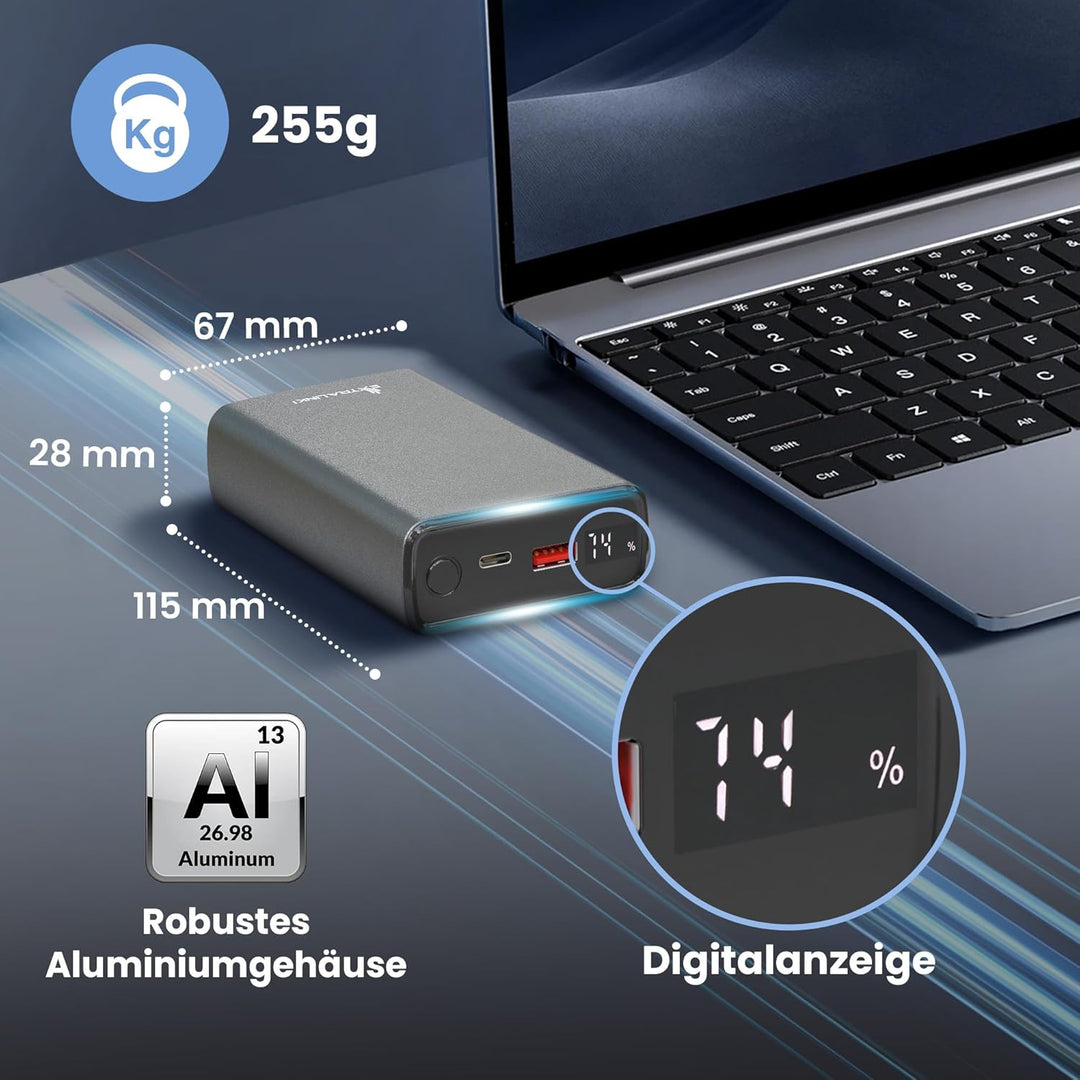 Powerbank 20000mAh Powerbank Schnellladefunktion bis zu 45W PD Power Bank USB C 20000mAh Robustes Ge