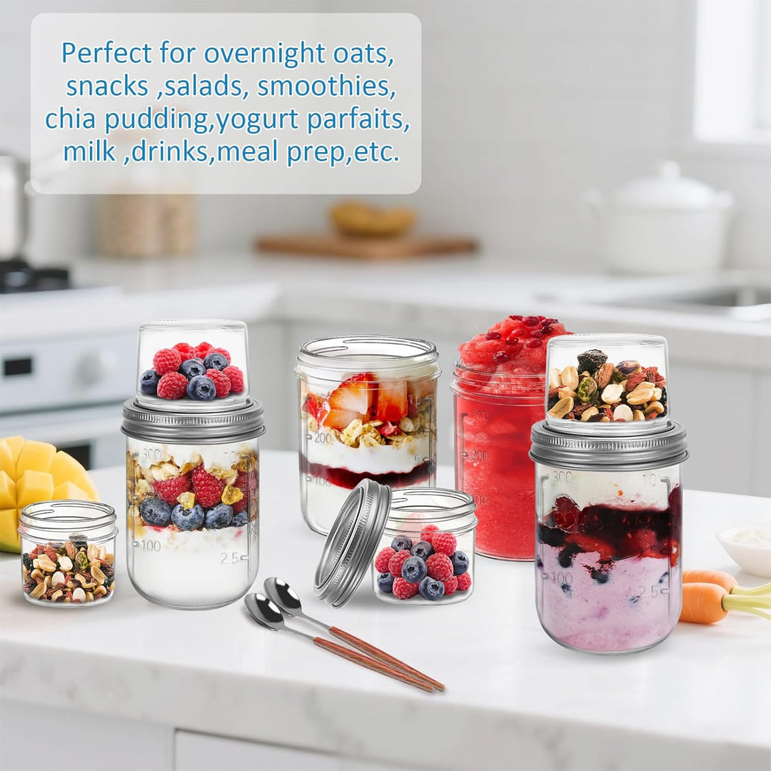 4er Overnight Oats Gläser 400ml+100ml, Joghurtbecher to go mit Doppelschicht-Design und Edelstahlöff