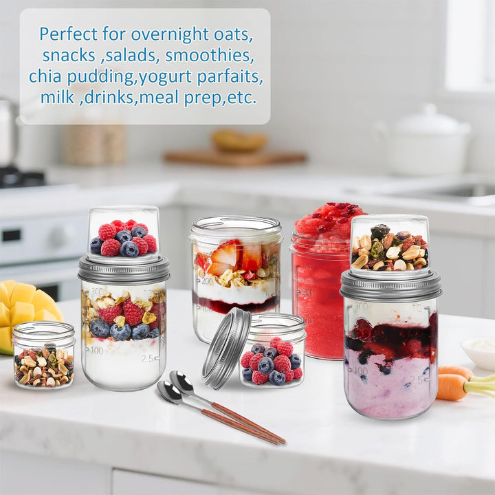 4er Overnight Oats Gläser 400ml+100ml, Joghurtbecher to go mit Doppelschicht-Design und Edelstahlöff