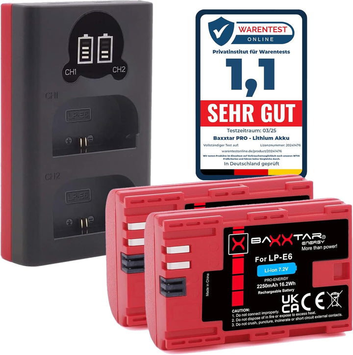 Baxxtar Pro LP-E6 Akku Pack / 2040mAh / mit 18602 LCD DUAL Ladegerät (Eingang USB-C und MicroUSB) 2x