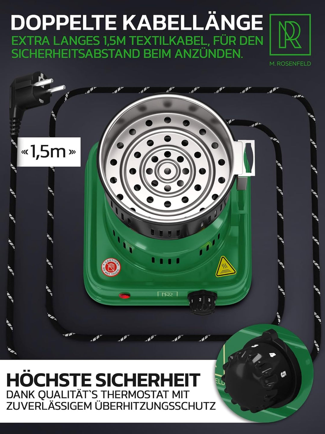 M. ROSENFELD Elektrischer Kohleanzünder - Grün Kohlenanzünder mit extra langem 150cm Kabel, abnehmba