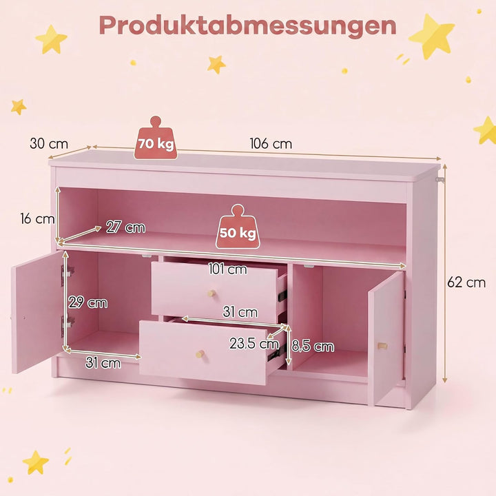 DREAMADE Spielzeug Regal, Kinderzimmer Möbel (Doppeltür, Rosa) | Kinderregal Spielzeugregal mit Schu