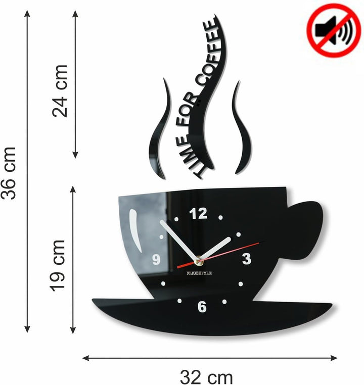 FLEXISTYLE Tasse Time for Coffee (Zeit für Kaffee) Moderne Küche Wanduhr, Zitronengelb, 3D römisch,