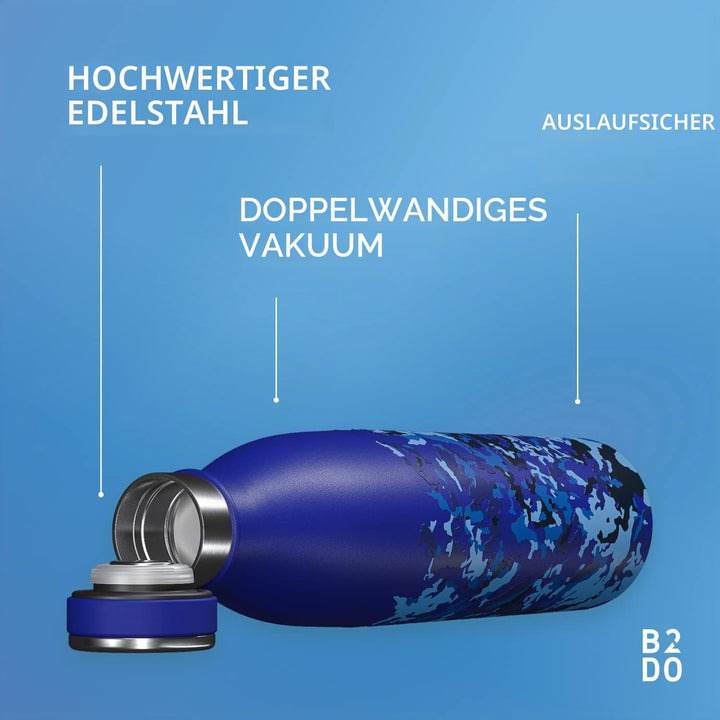 B2DO Trinkflasche Edelstahl 750ml Marineblau | Wiederverwendbare Vakuum Metall Thermoskanne Wasserfl