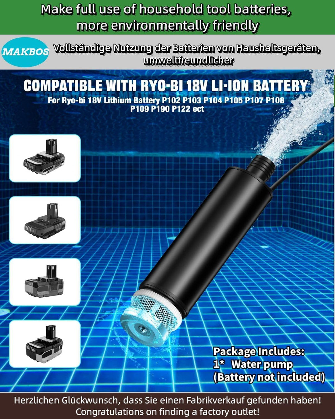 Tauchpumpe für RYOBI Akku 18V Schmutzwasserpumpe Wasserpumpe Flachwasserpumpe Saugpumpe Absaugpumpe,