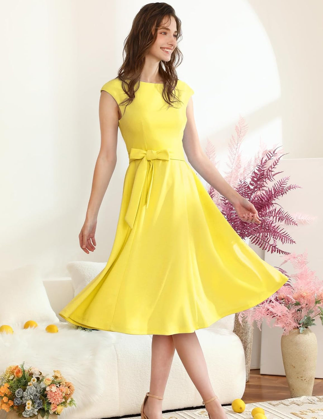 DRESSTELLS Damen Vintage Retro 1950er Cocktaikleid A-Line Swing Festlich Midilang Kleid Gelb M, Gelb