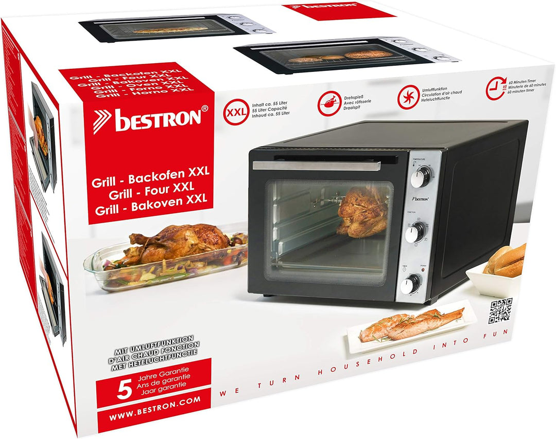 Bestron AOV55 2-in-1 Mini-Backofen mit Drehspiess, 55 Liter, 2000 W, Edelstahl, Schwarz 55 Liter Min