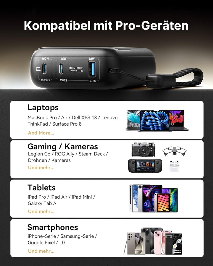 INIU Power Bank, 100W 25000mAh Powerbank Klein Aber Stark Phone & Laptop Externe Handyakkus USB C In