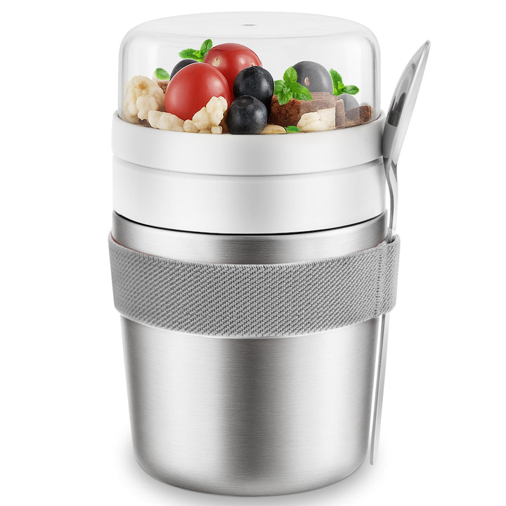 Edelstahl Müslibecher to go mit Löffel, Joghurtbecher to go 720ml | Doppelwandiger Vakuum-Isolier Jo