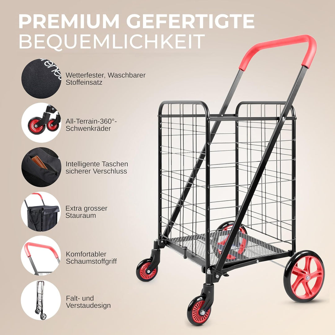 SereneLife Einkaufswagen, Einkaufstrolley Klappbar, Shopping Cart mit 50L Kapazität, Einkaufstrolley