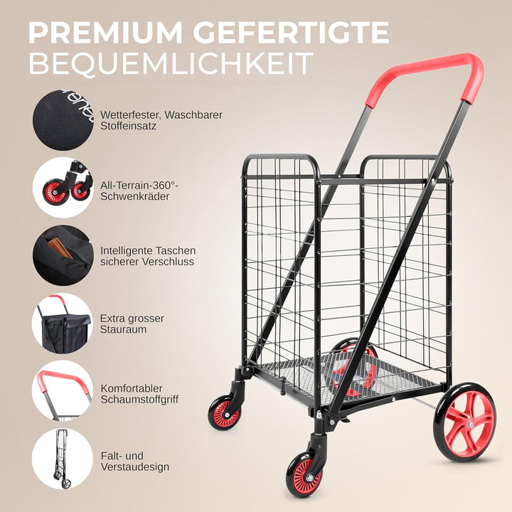 SereneLife Einkaufswagen, Einkaufstrolley Klappbar, Shopping Cart mit 50L Kapazität, Einkaufstrolley