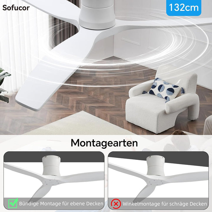 Sofucor 132cm Deckenventilator mit Fernbedienung, Massivholz Deckenventilator ohne Licht, Leise DC M