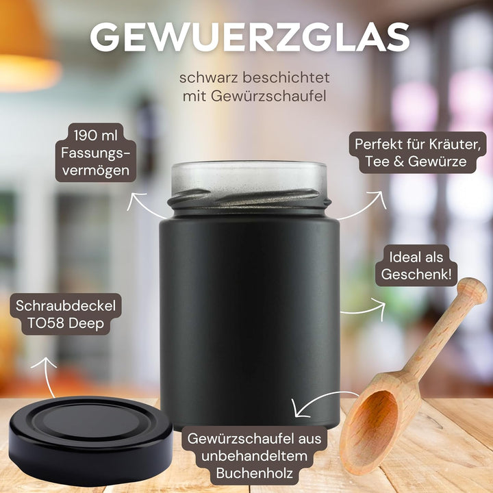 mikken 6 schwarze Gewürzgläser 190 ml, Einmachgläser mit Schraubdeckel inkl. einer Gewürzschaufel Sc