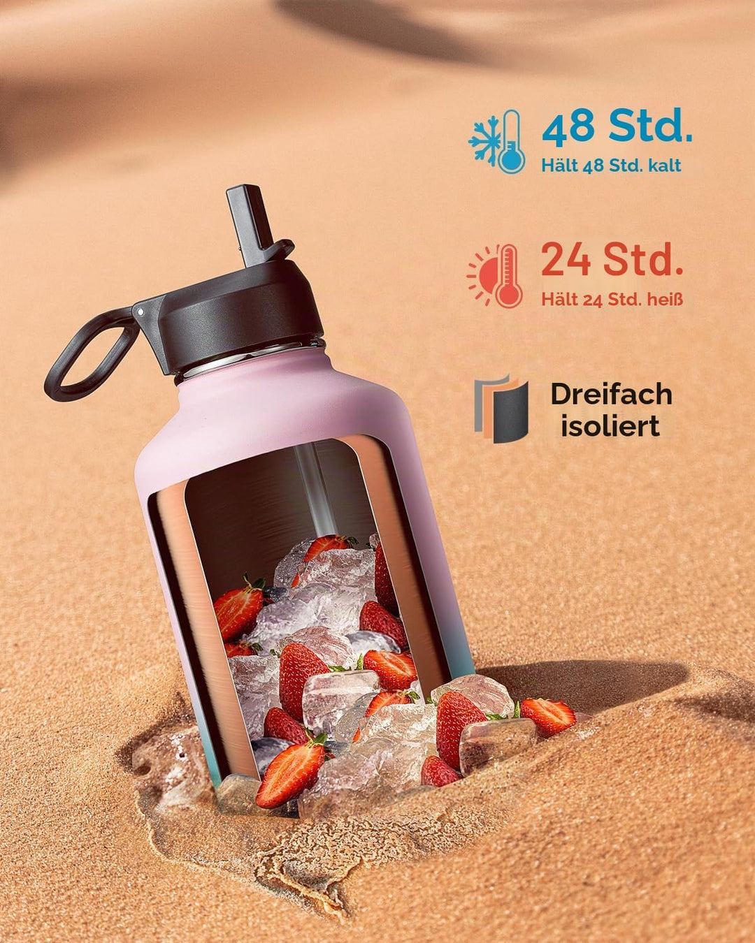 Coolflask Isolierte Wasserflasche 2L mit Strohhalm &amp; 3 Deckeln, Edelstahl Isolierte Wasserflasche fü
