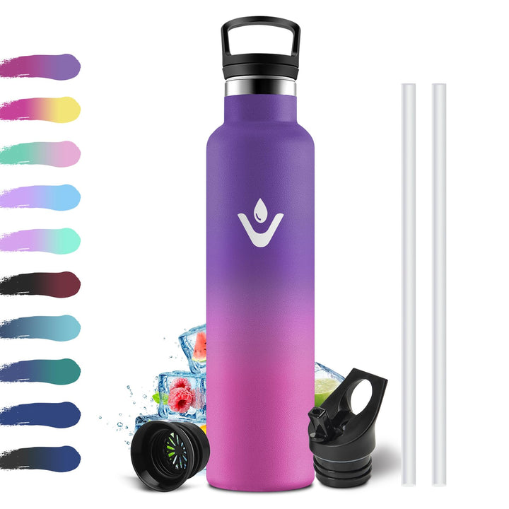 Thermosflasche 1L, Edelstahl Trinkflasche mit Strohhalm, Einhandöffnung, Vakuum Thermosflasche, Kohl