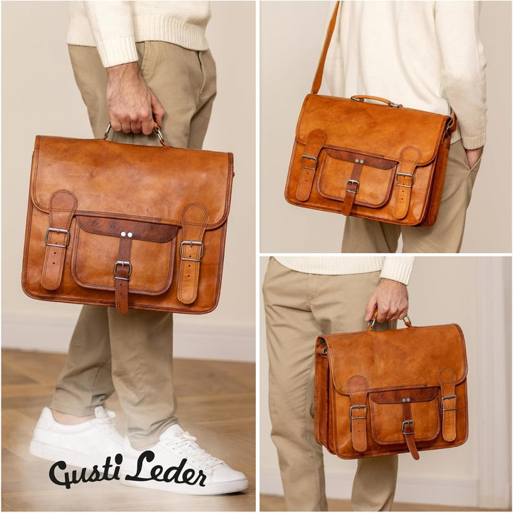Gusti Umhängetasche Leder Leon Aktentasche Laptoptasche Braun