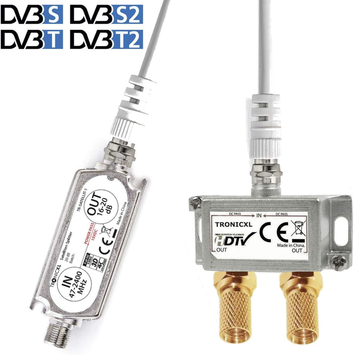 TronicXL Premium 2-Fach Antennenverteiler Splitter mit Sat Verstärker digital HD I für Satellit TV D