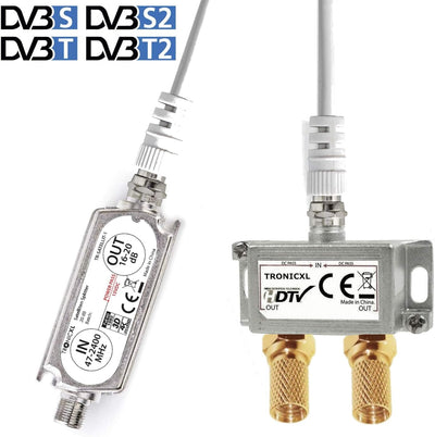 TronicXL Premium 2-Fach Antennenverteiler Splitter mit Sat Verstärker digital HD I für Satellit TV D