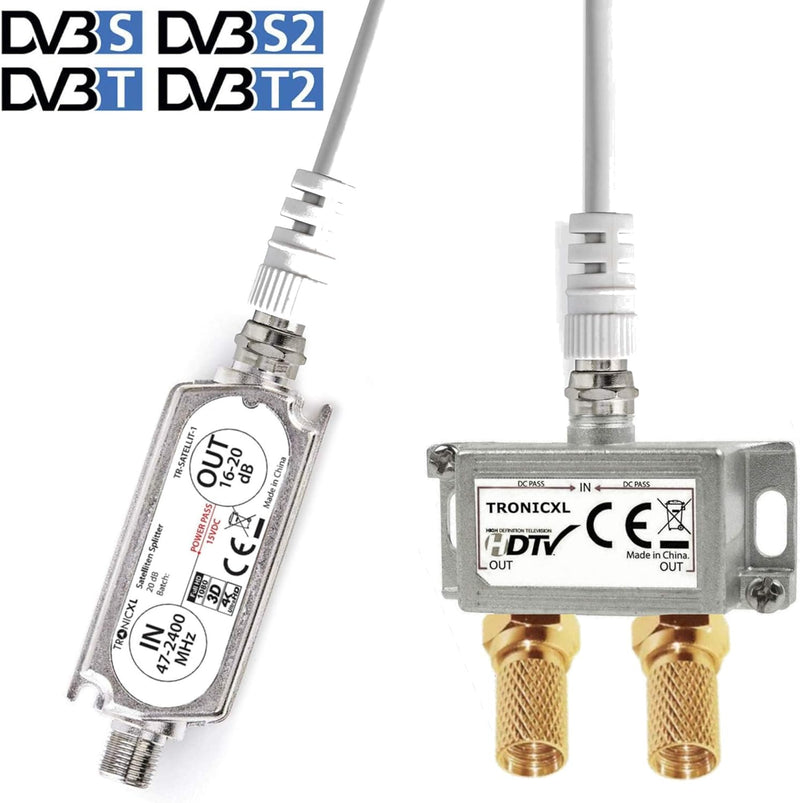 TronicXL Premium 2-Fach Antennenverteiler Splitter mit Sat Verstärker digital HD I für Satellit TV D