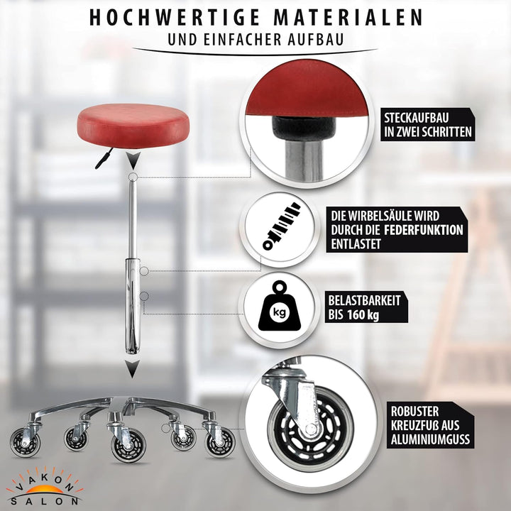VAKON SALON - Premium Rollhocker Rot - Höhenverstellbar von 50-65 cm - Rundsitz Drehhocker Arbeitsho