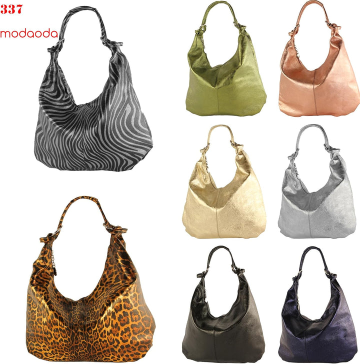 modamoda de 337 Damen Leder Schultertasche Shopper Large handmade in Italy Blauviolett-metallic, Bla